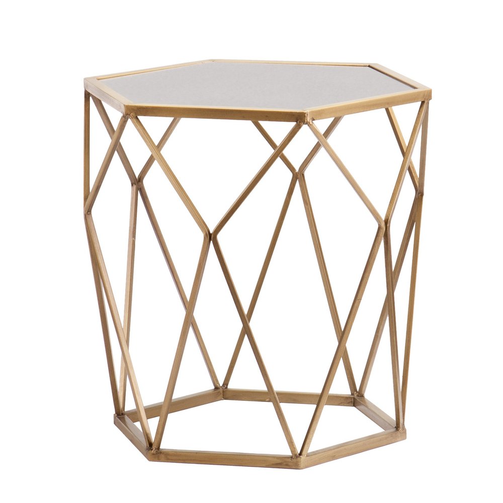 19" Gold And Reflective Glass Hexagon Mirrored End Table HomeRoots