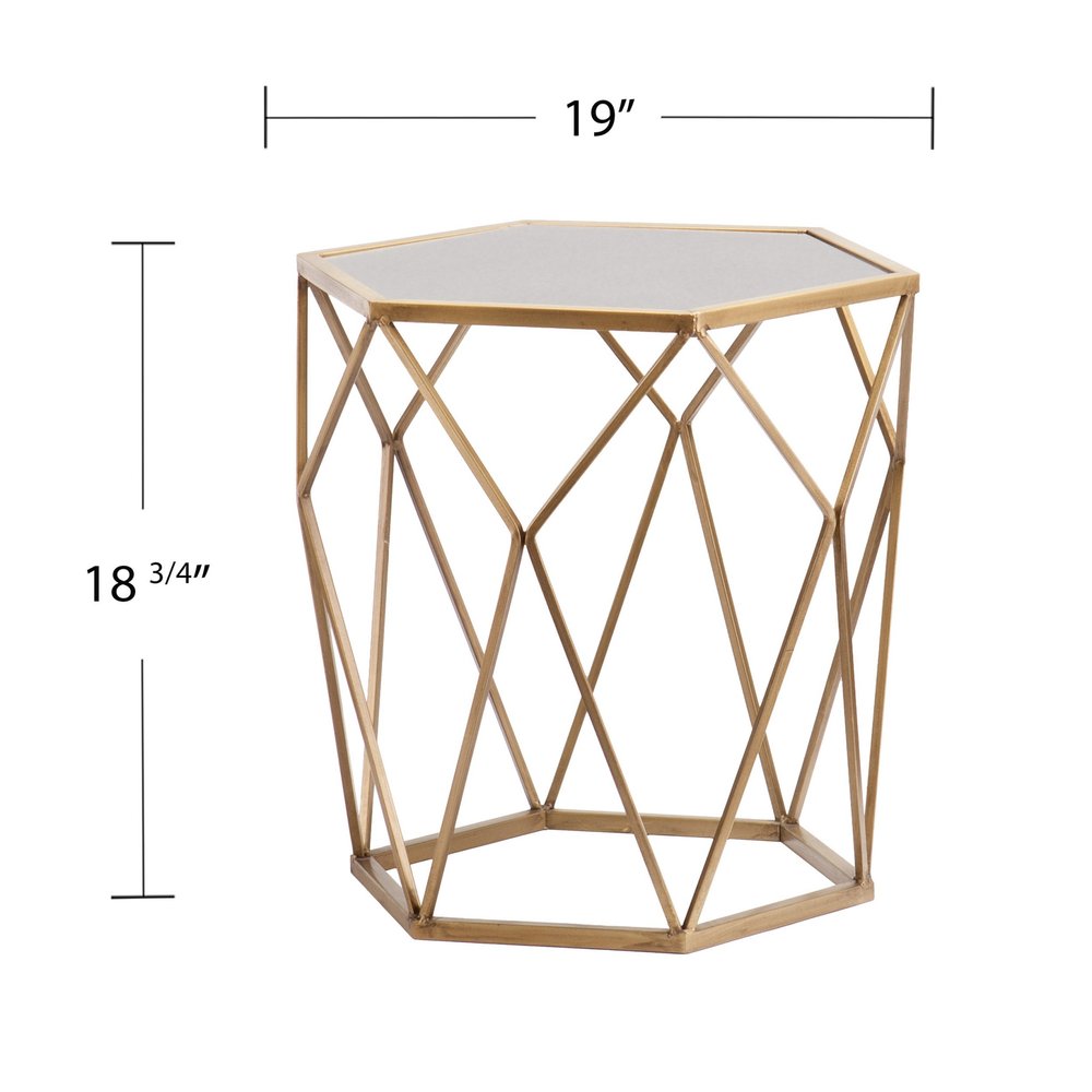19" Gold And Reflective Glass Hexagon Mirrored End Table HomeRoots