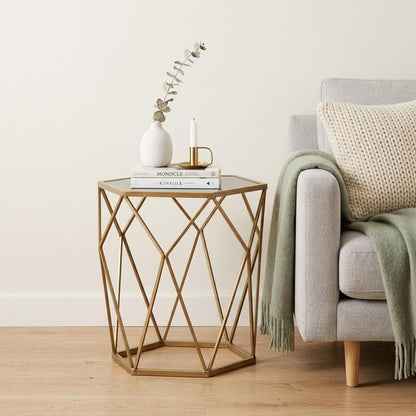 19" Gold And Reflective Glass Hexagon Mirrored End Table HomeRoots