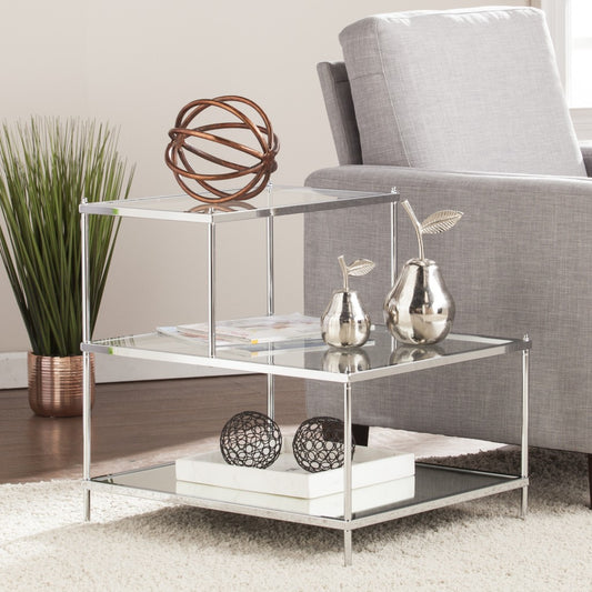 24" Silver And Clear Glass Mirrored End Table