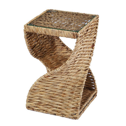 23" Brown And Natural Rattan Swirl Glass Top Square End Table HomeRoots