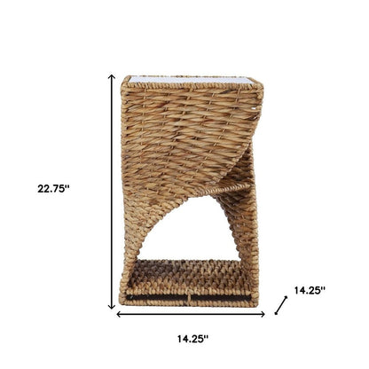 23" Brown And Natural Rattan Swirl Glass Top Square End Table HomeRoots