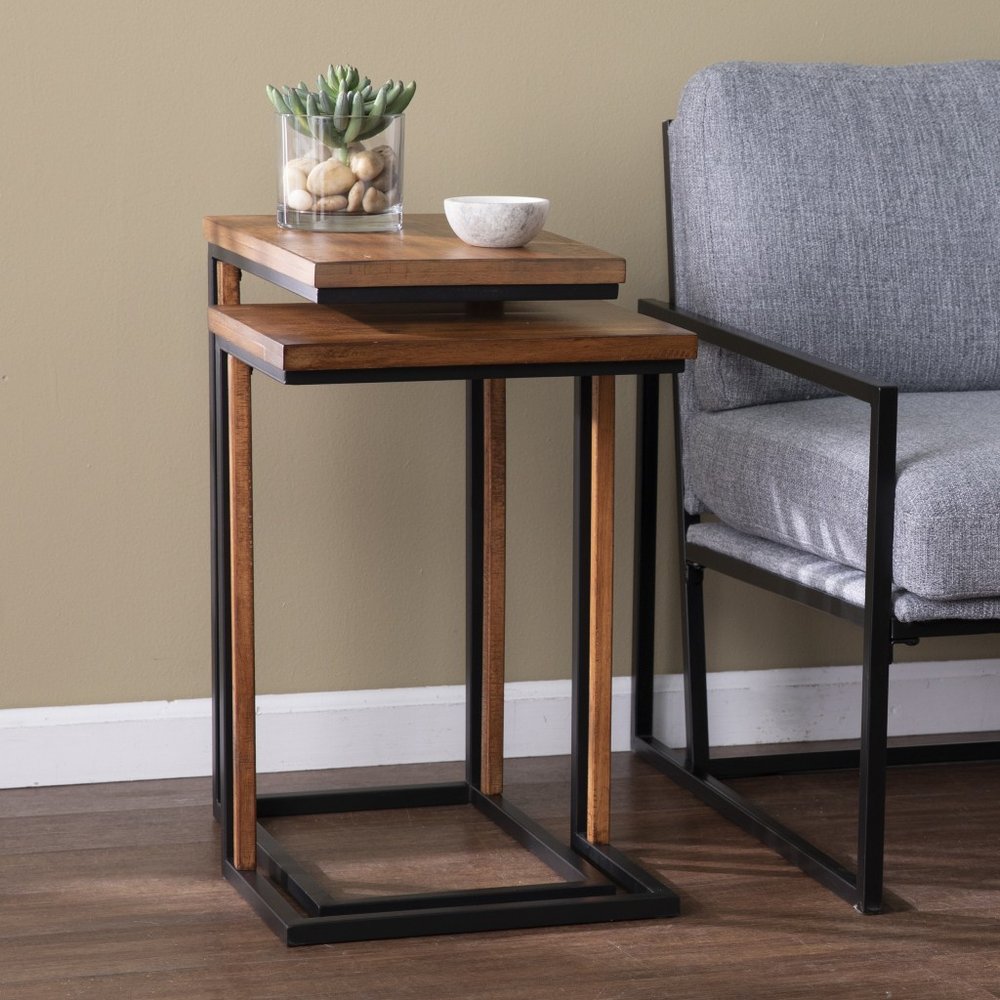 Set Of Two 25" Brown Solid Wood Rectangular Nested End Tables HomeRoots