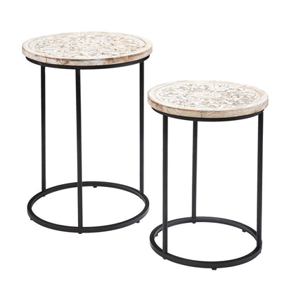 Set of Two Black And White Distressed Wood And Iron Round Nested Tables HomeRoots
