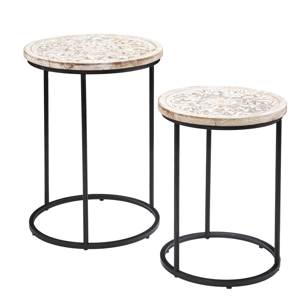 Set of Two Black And White Distressed Wood And Iron Round Nested Tables HomeRoots