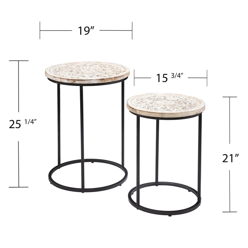 Set of Two Black And White Distressed Wood And Iron Round Nested Tables HomeRoots