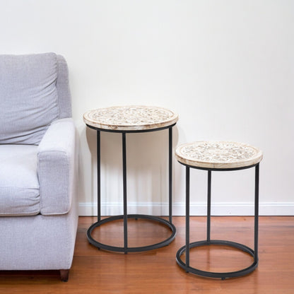 Set of Two Black And White Distressed Wood And Iron Round Nested Tables