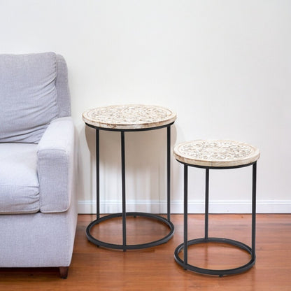 Set of Two Black And White Distressed Wood And Iron Round Nested Tables HomeRoots