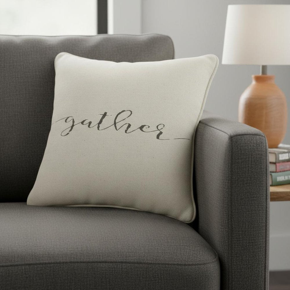 Gray and Cream Canvas Gather Decorative Throw Pillow — view 8