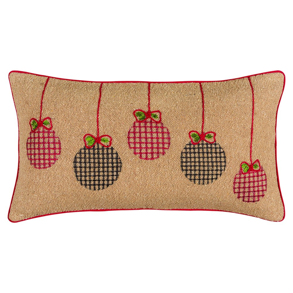 Mod Red and Black Ornaments Jute Lumbar Throw Pillow FurniFindUSA