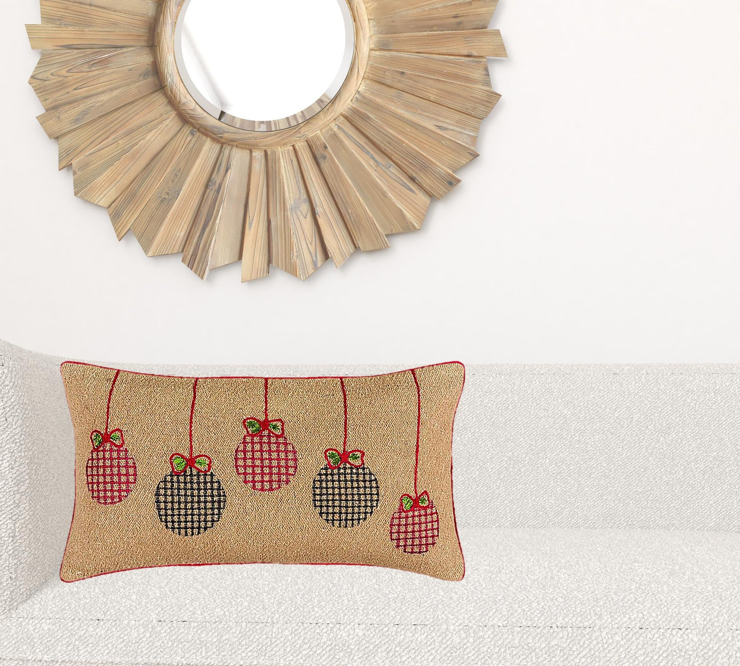 Mod Red and Black Ornaments Jute Lumbar Throw Pillow FurniFindUSA