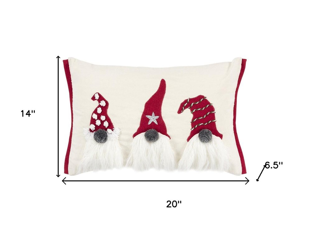 14" X 20" Red And Ivory Cotton Christmas Gnomes Throw Pillow With Embroidery — view 4