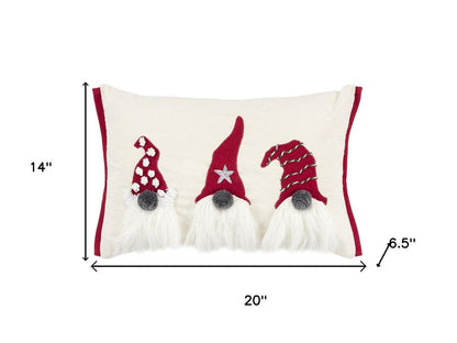 14" X 20" Red And Ivory Cotton Christmas Gnomes Throw Pillow With Embroidery