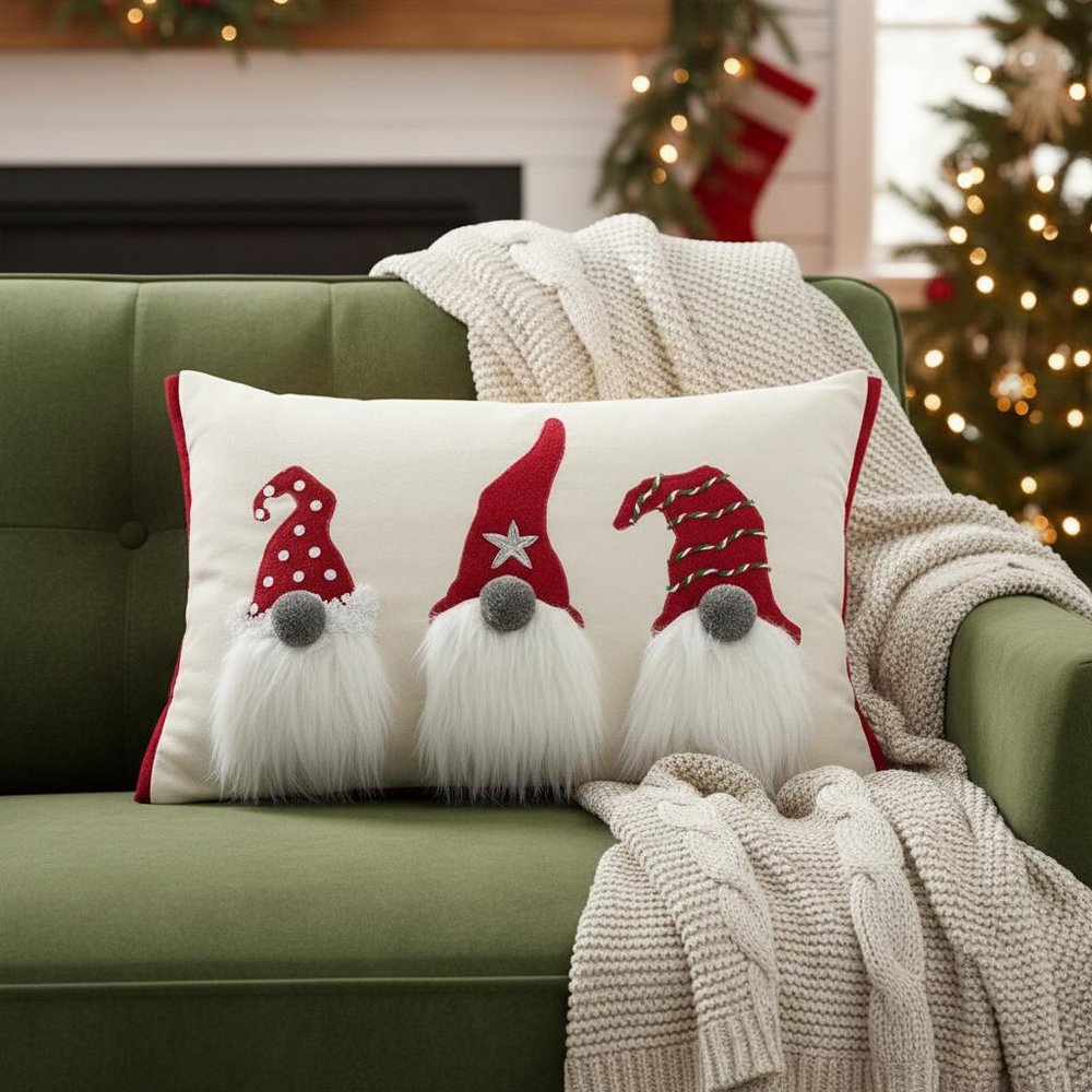 14" X 20" Red And Ivory Cotton Christmas Gnomes Throw Pillow With Embroidery — view 5