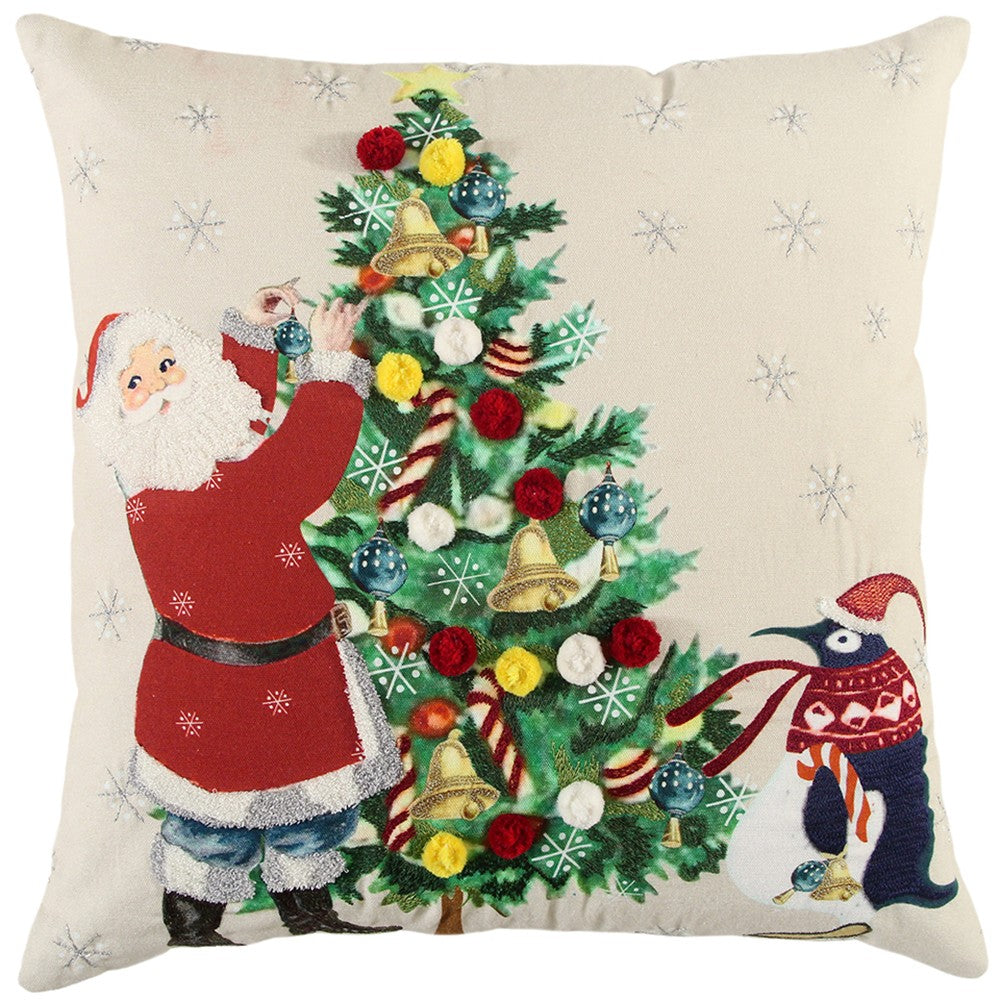 Ivory Vintage Santa and Penguin Christmas Throw Pillow FurniFindUSA