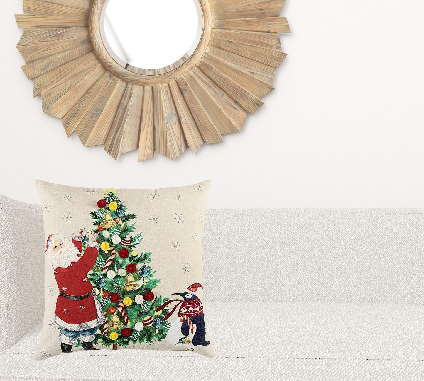 Ivory Vintage Santa and Penguin Christmas Throw Pillow FurniFindUSA