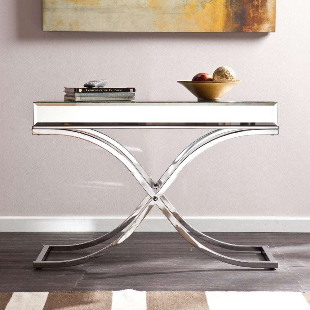 42" Silver Mirrored Glass and Metal Cross Leg Console Table HomeRoots