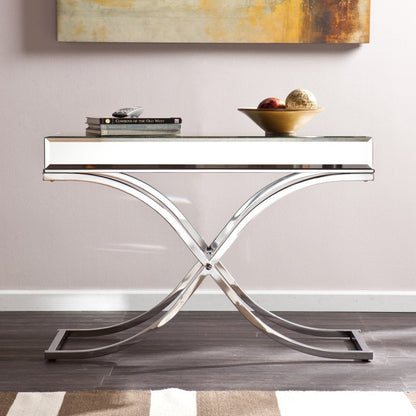 42" Silver Mirrored Glass and Metal Cross Leg Console Table HomeRoots