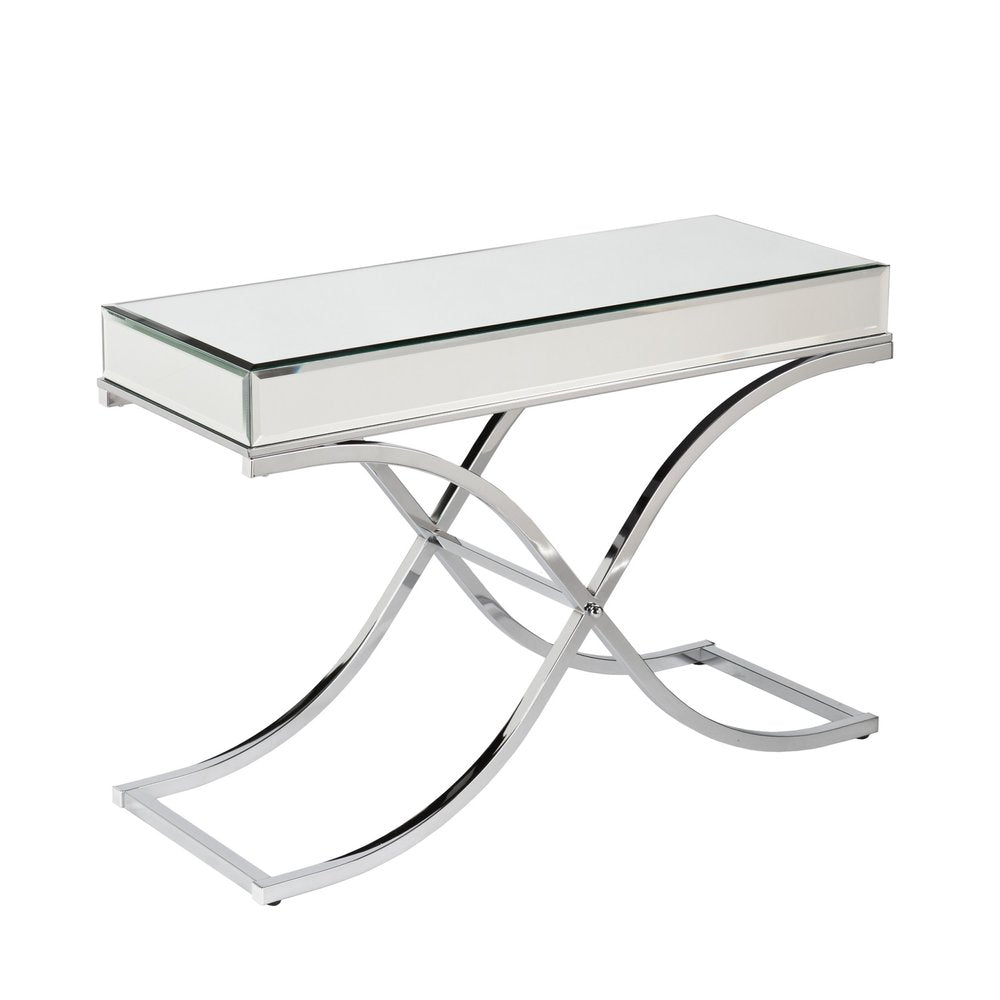 42" Silver Mirrored Glass and Metal Cross Leg Console Table HomeRoots