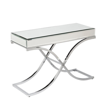 42" Silver Mirrored Glass and Metal Cross Leg Console Table HomeRoots
