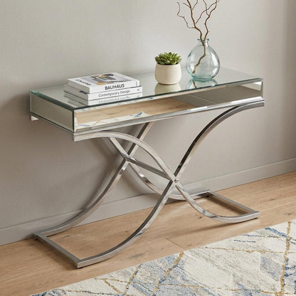 42" Silver Mirrored Glass and Metal Cross Leg Console Table HomeRoots