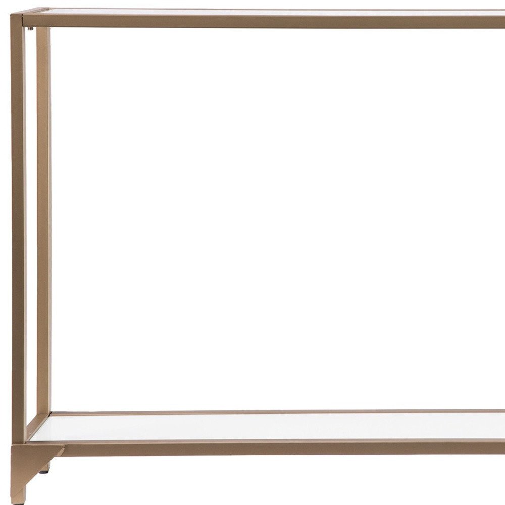 56" Clear and Gold Glass Mirrored Frame Console Table With Shelves HomeRoots