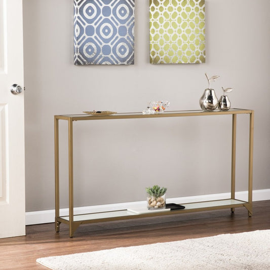 56" Clear and Gold Glass Mirrored Frame Console Table With Shelves HomeRoots
