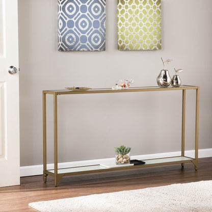 56" Clear and Gold Glass Mirrored Frame Console Table With Shelves HomeRoots