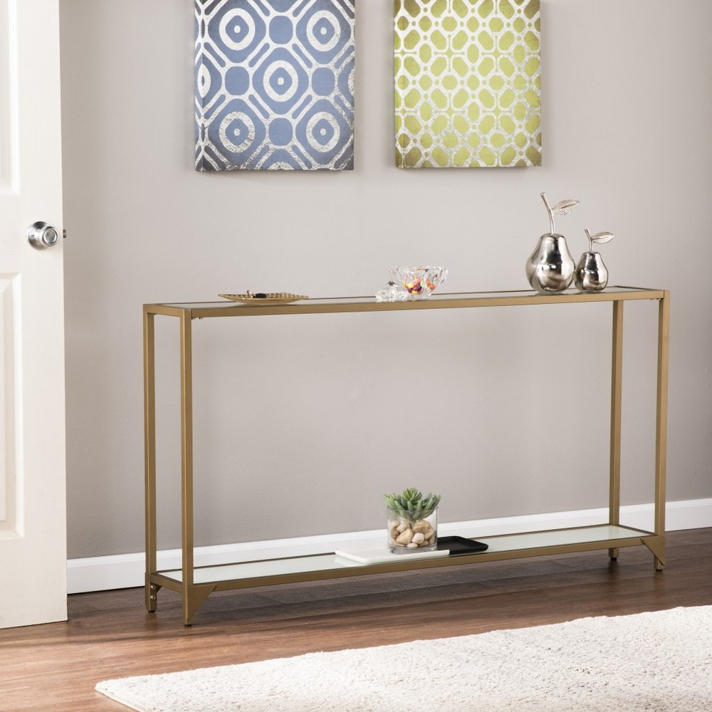 56" Clear and Gold Glass Mirrored Frame Console Table With Shelves HomeRoots
