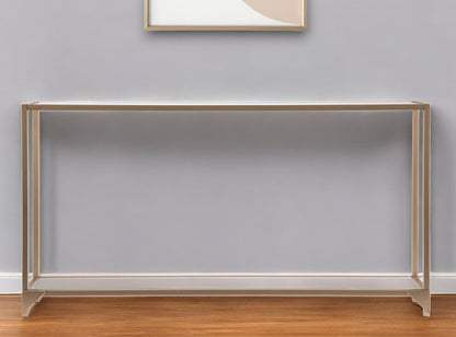 56" Clear and Gold Glass Mirrored Frame Console Table With Shelves HomeRoots