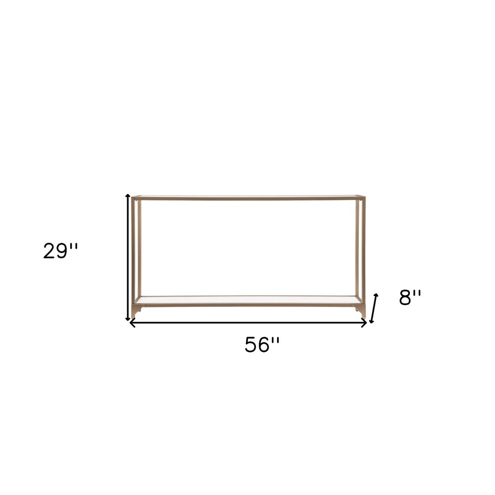 56" Clear and Gold Glass Mirrored Frame Console Table With Shelves HomeRoots