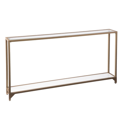 56" Clear and Gold Glass Mirrored Frame Console Table With Shelves HomeRoots