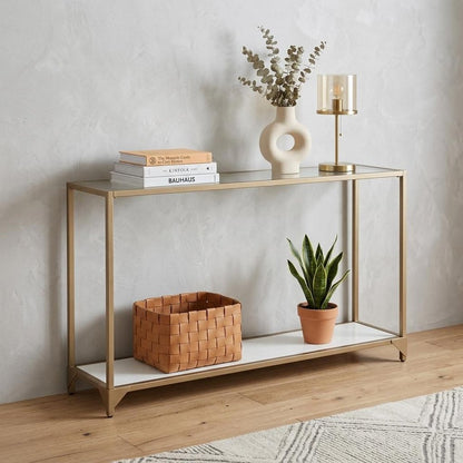 56" Clear and Gold Glass Mirrored Frame Console Table With Shelves HomeRoots