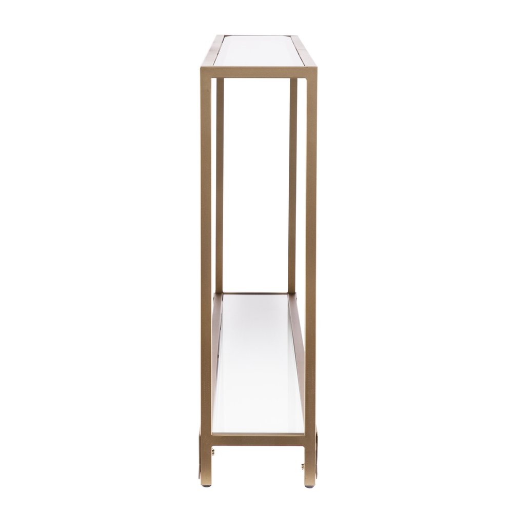 56" Clear and Gold Glass Mirrored Frame Console Table With Shelves HomeRoots