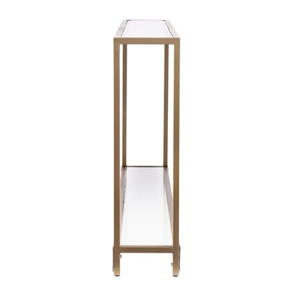 56" Clear and Gold Glass Mirrored Frame Console Table With Shelves HomeRoots