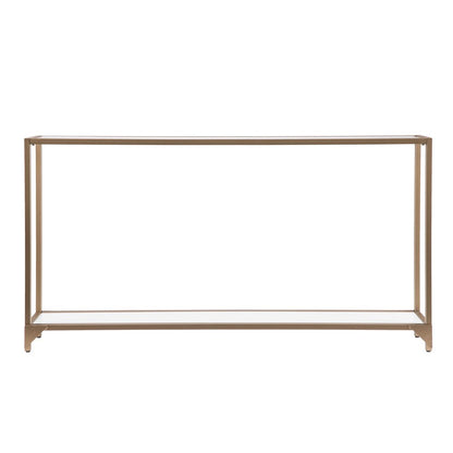 56" Clear and Gold Glass Mirrored Frame Console Table With Shelves HomeRoots