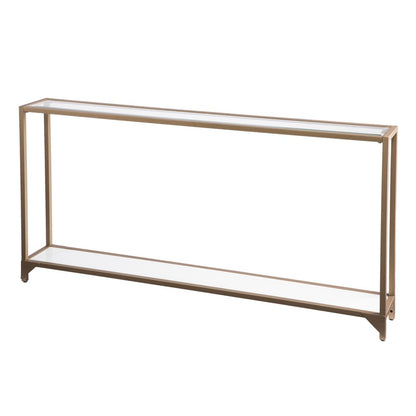 56" Clear and Gold Glass Mirrored Frame Console Table With Shelves HomeRoots