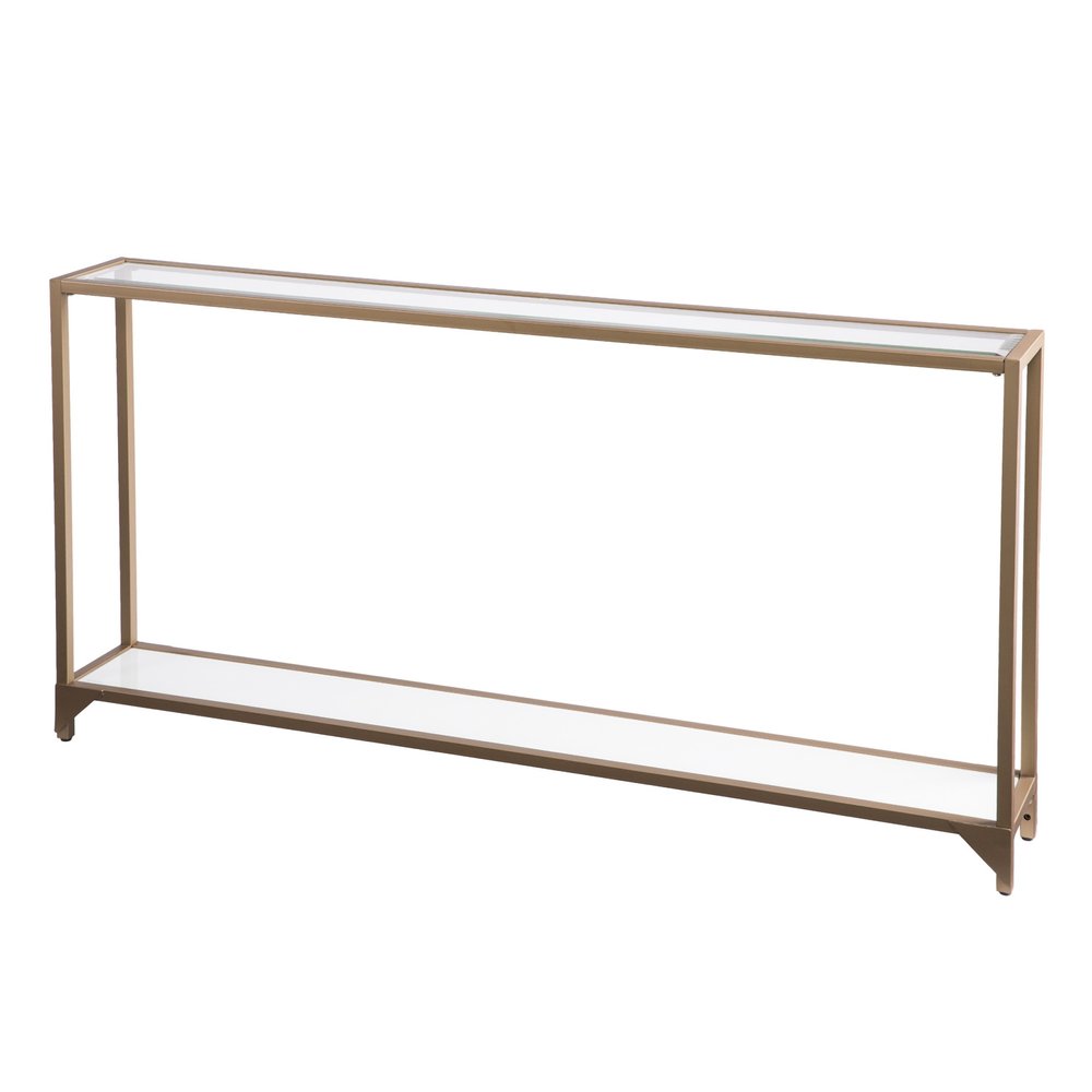 56" Clear and Gold Glass Mirrored Frame Console Table With Shelves HomeRoots