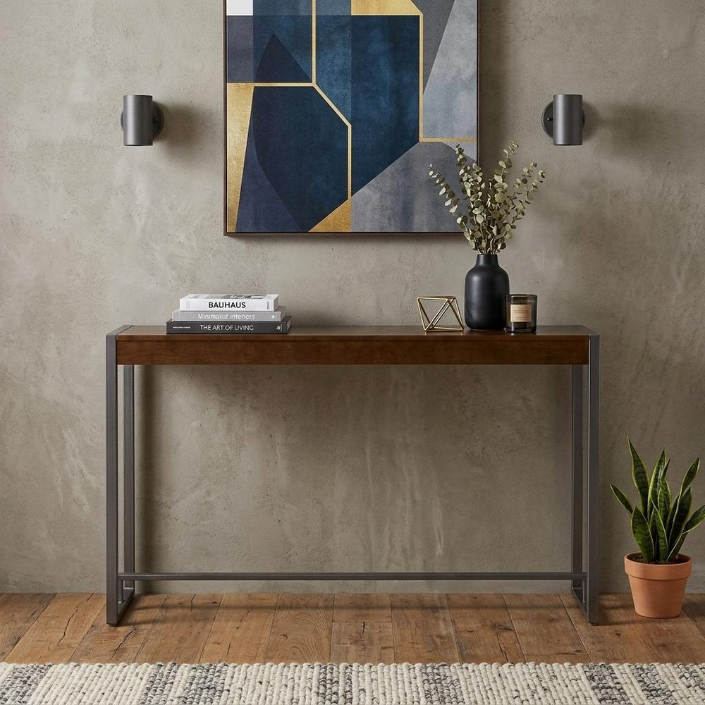 54" Dark Brown and Gunmetal Wood and Metal Sled Console Table HomeRoots