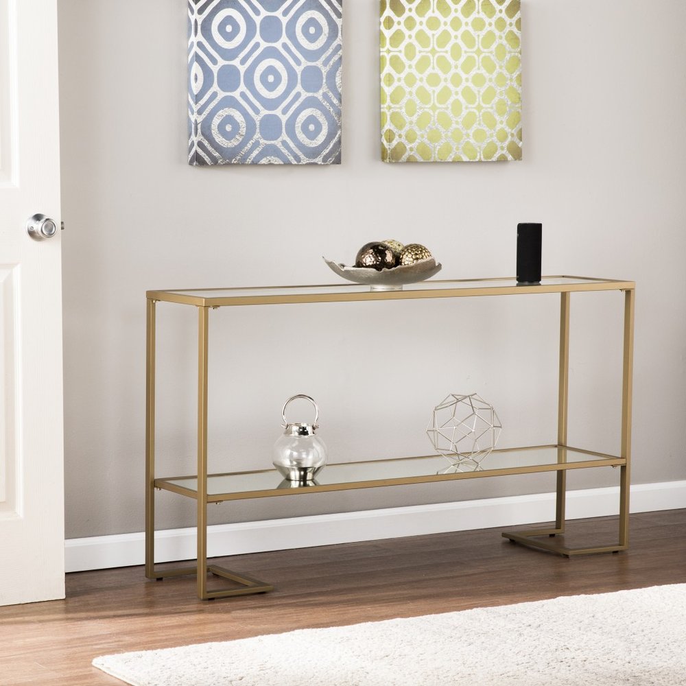 52" Clear and Gold Mirrored Glass and Metal Sled Console Table With Shelf HomeRoots