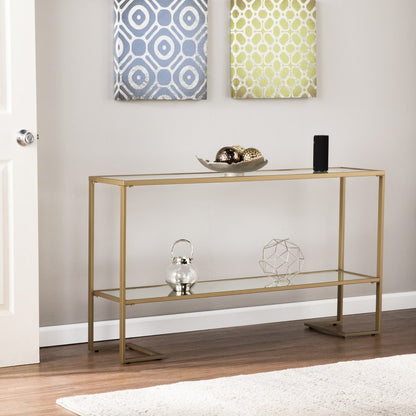 52" Clear and Gold Mirrored Glass and Metal Sled Console Table With Shelf HomeRoots