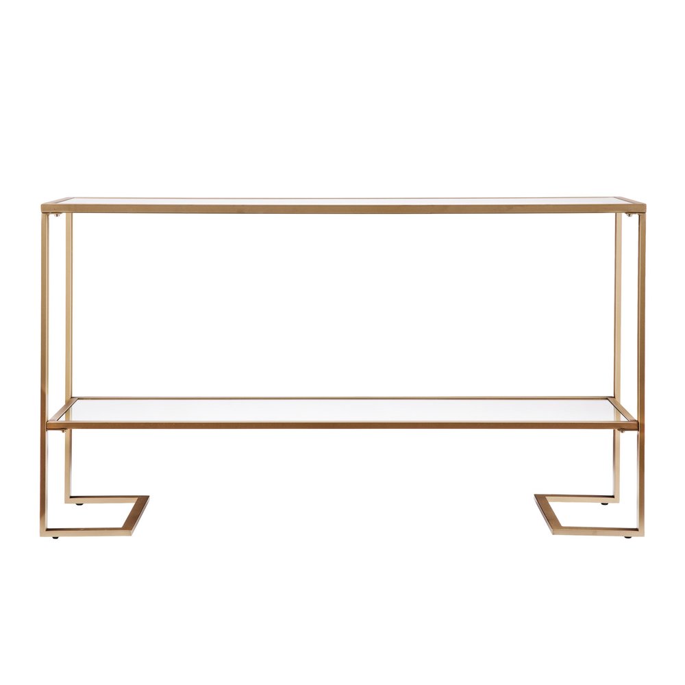 52" Clear and Gold Mirrored Glass and Metal Sled Console Table With Shelf HomeRoots