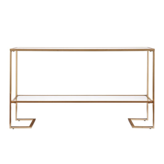 52" Clear and Gold Mirrored Glass and Metal Sled Console Table With Shelf HomeRoots