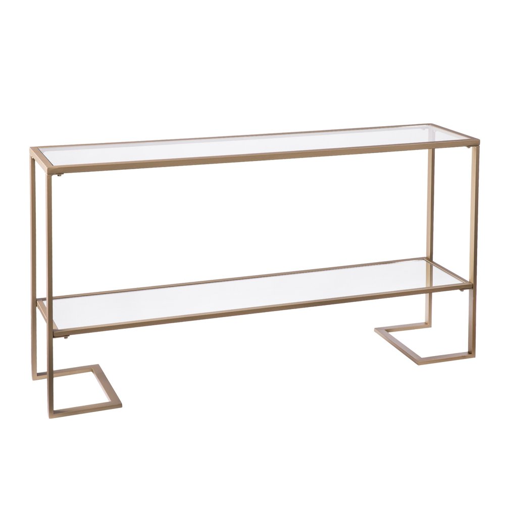 52" Clear and Gold Mirrored Glass and Metal Sled Console Table With Shelf HomeRoots