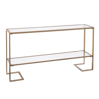52" Clear and Gold Mirrored Glass and Metal Sled Console Table With Shelf HomeRoots