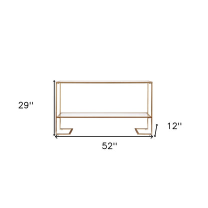 52" Clear and Gold Mirrored Glass and Metal Sled Console Table With Shelf HomeRoots