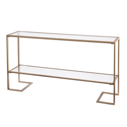 52" Clear and Gold Mirrored Glass and Metal Sled Console Table With Shelf HomeRoots