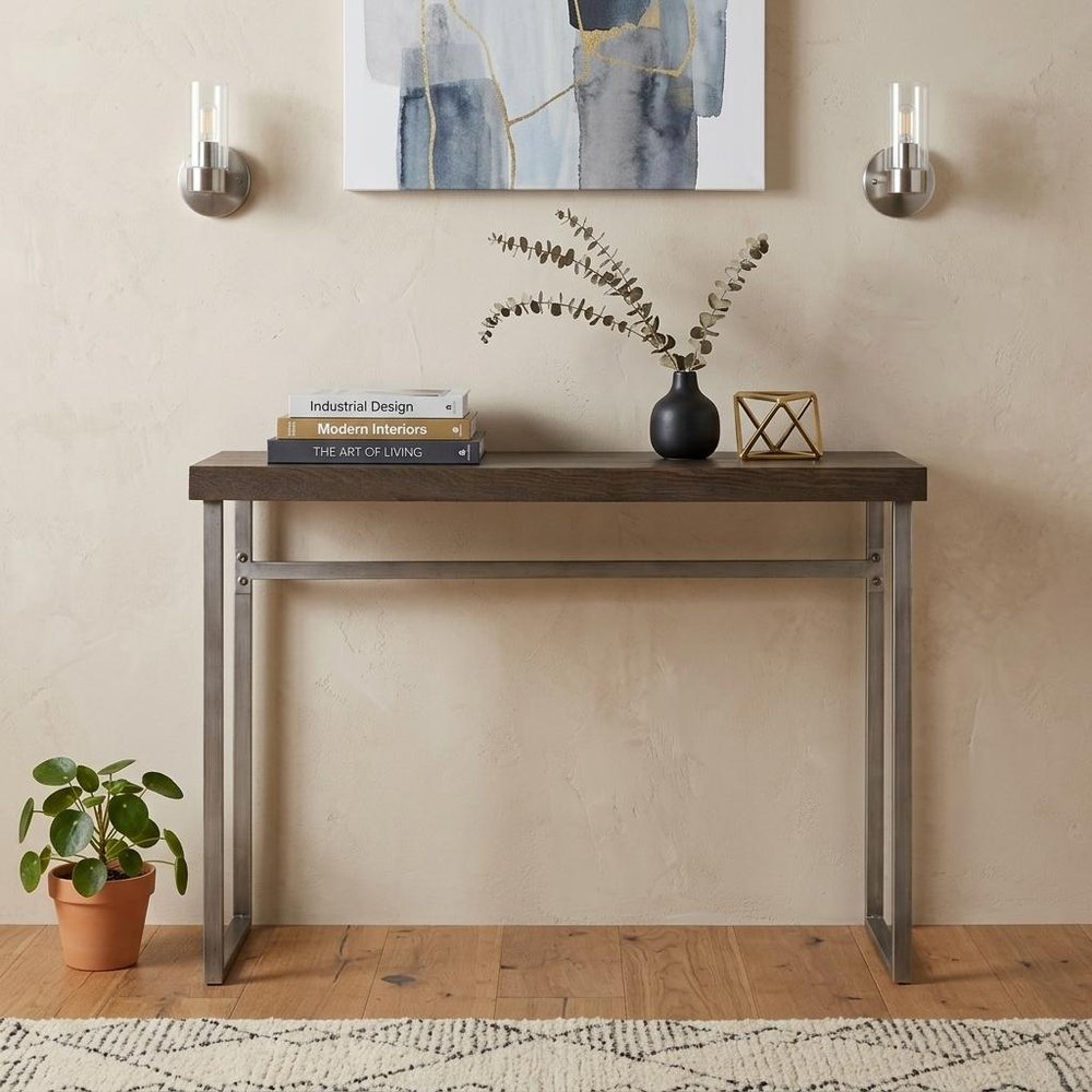 46" Gray Brown and Silver Wood and Metal Distressed Sled Console Table HomeRoots