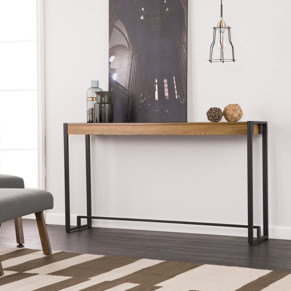 54" Gray Brown and Black Distressed Sled Console Table HomeRoots