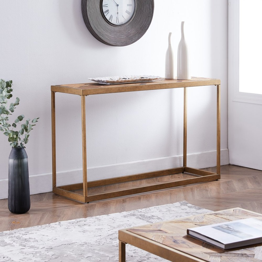 48" Natural and Brass Solid Wood and Iron Frame Console Table HomeRoots